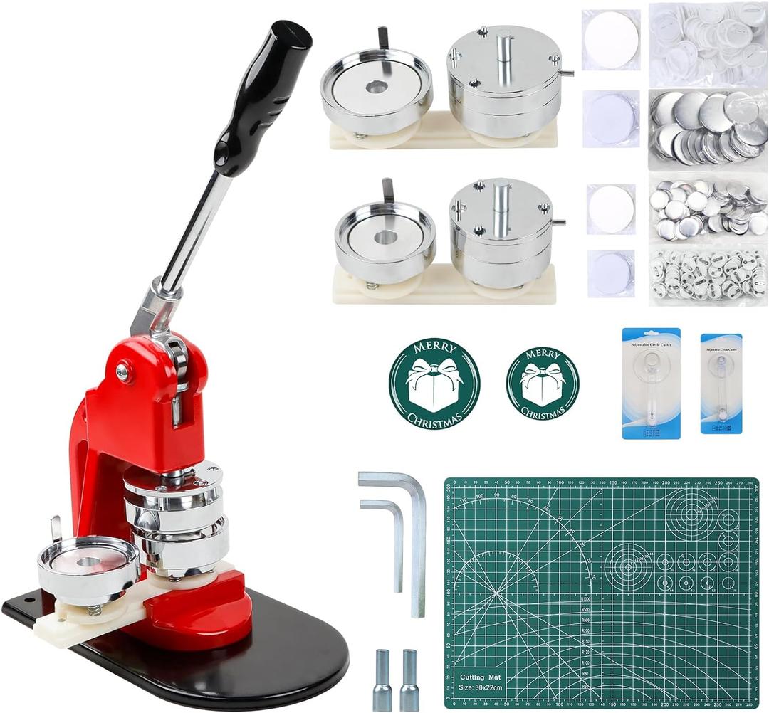 Happizza Button Maker Machine Multiple Sizes - Button Pin Maker 2.25 in+3 in, Interchangeable Button-models Badge Button Press Machine with 200 Sets Button Maker Supplies & Circle Cutter & Cutting Mat