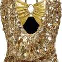 MakeMeChic Women's Metallic Glitter Sequin Halter Top Ring Linked Summer Y2K Party Tops Clubwear (Large, Gold)