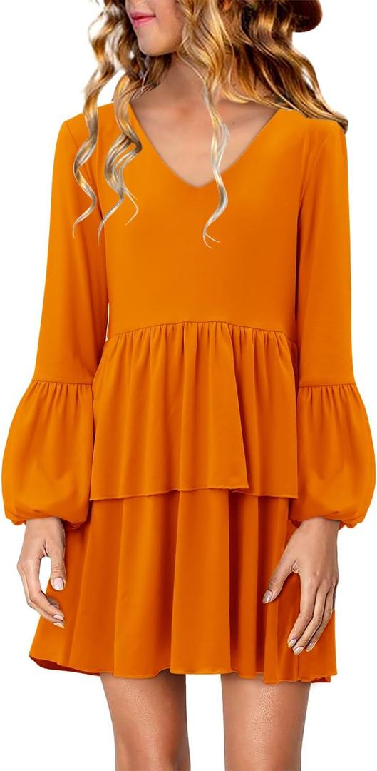 storeofbaby Girls Long Sleeve Dress Casual V Neck Loose Fit Flowy Swing Dresses 4-13 Years (Orange, S)