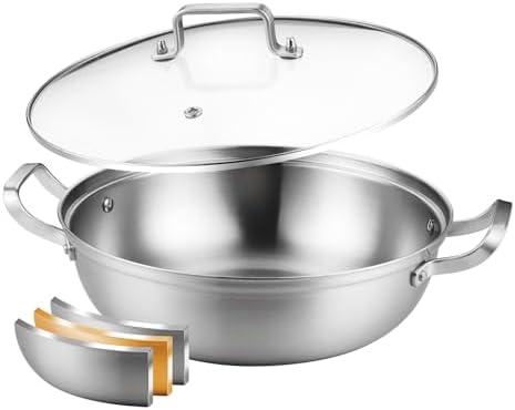 Delarlo Tri-Ply Stainless Steel 12 inch Everyday Pan with Glass Lid, Deep Saute Pan, Kitchen Everything Pan, High Side Chef's Pans, Induction Cooking Pot, Dishwasher Safe, 4QT Stock Pot Up To 600℉
