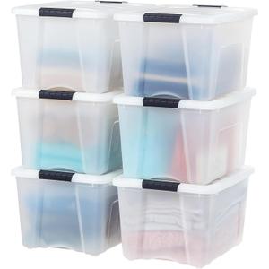 IRIS USA 40 Qt Stackable Plastic Storage Bins with Lids, 6 Pack - BPA-Free, Made in USA - Discreet Organizing Solution, Latches, Durable Nestable Containers, Secure Pull Handle - Pearl