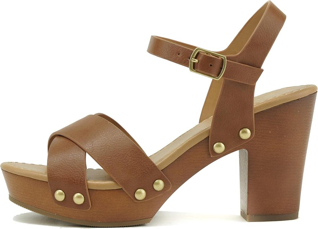 Soda MIGUEL ~ Women Crisscross Band Fashion Chunky Platform Block Mid Heel Sandal with Ankle Strap and Stud (Size 6, Tan Pu)