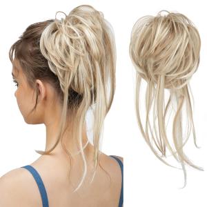 CJL HAIR Messy Bun Hair Piece Curly Hair Bun Extensions with Straight Tails Synthetic Hair Scrunchies Ponytail Hairpieces for Women Ash Blonde/Beach Blonde