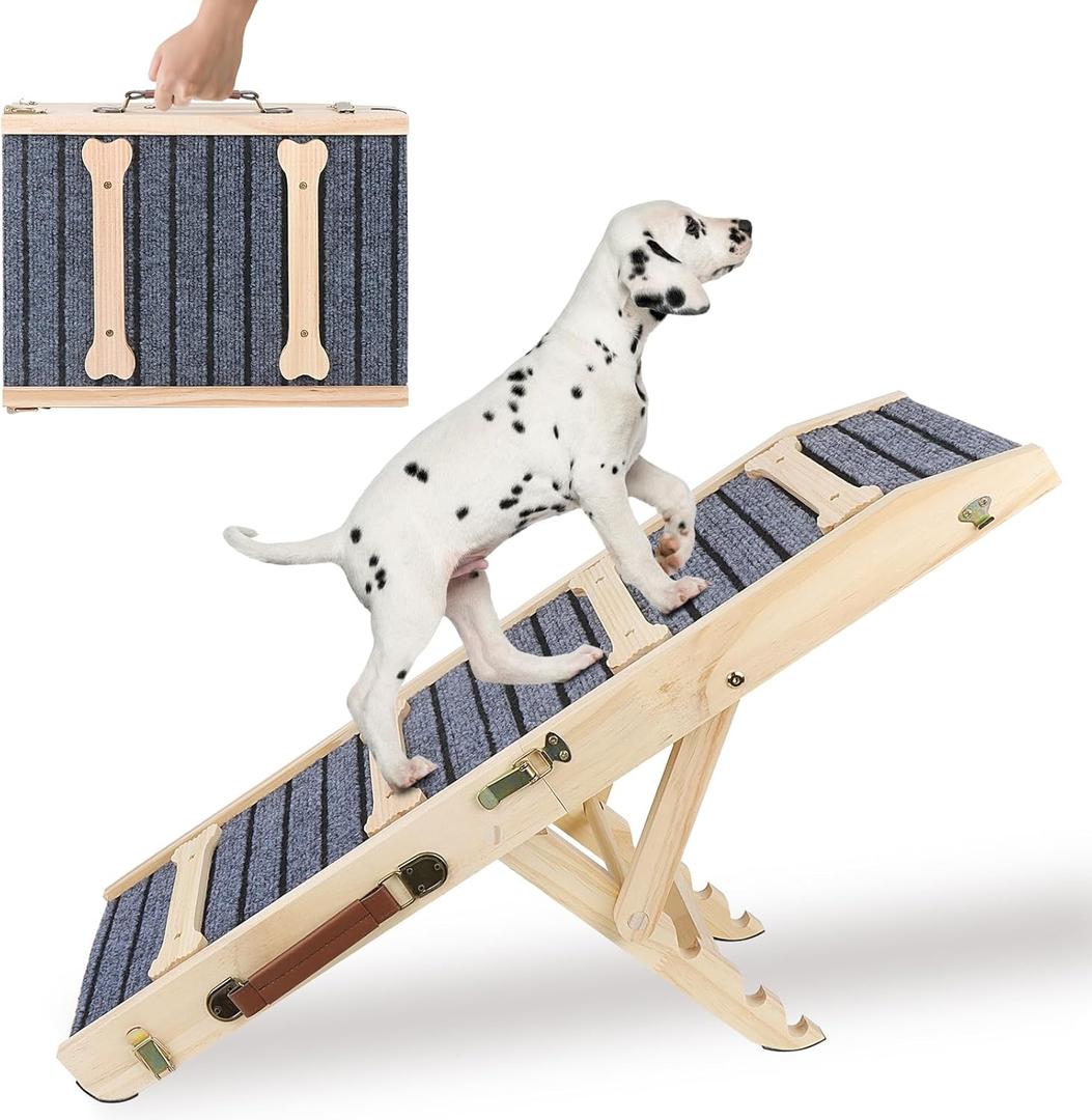 Butizone Small Adjustable Dog Ramp, Wooden Folding Portable Pet Ramp for Small Dogs and Cats, Height Adjustable Ramp from 11" to 18" with Non Slip Paw Traction Mat for Couch, Bed and Car