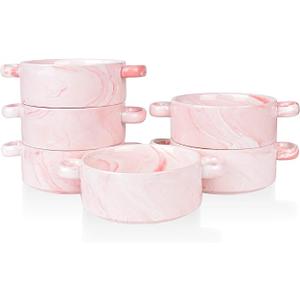 Bosmarlin Ceramic Marbling Souffle Dishes, Dould Handle Ramekin for Baking, Set of 4 (Marbling Pink, 10 Oz)