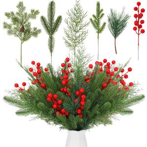 60 Pcs Artificial Pine Branches Christmas Greenery Stems Pine Picks Xmas Stems Pine and Cypress Branches Red Berries Christmas Holiday Decoration, DIY Christmas Garland Wreath