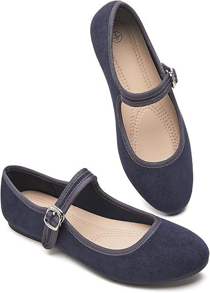 BABUDOG Womens Mary Jane Flats with Strap, Faux Suede Black Flats Shoes, Flats Shoes Women Dressy Comfortable, Size: 9