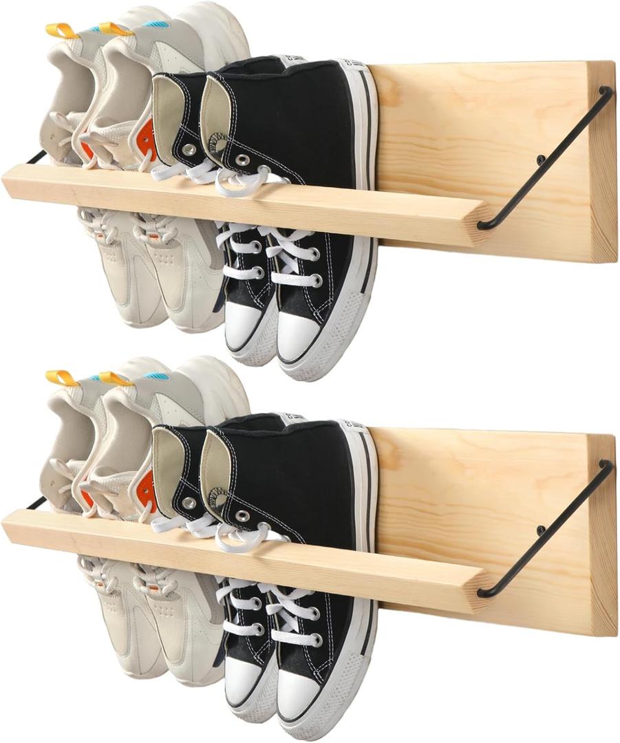 Mifoci 2 Pcs Wall Mounted Shoe Rack Organizer Wooden Modern Compact Wall Space Saving Shoe Holder Storage for Sneaker Footwear Slipper Boots Entryway Narrow Spaces Hallway(28.35'' Long)
