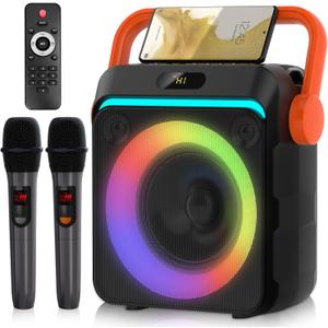 Karaoke Machine with 2 Wireless Microphones, Portable Bluetooth Karaoke Speaker for Adults & Kids with Strobe Lights, Karaoke Microphone with PA System Supports TWS/USB/TF/REC/FM/AUX (Orange)
