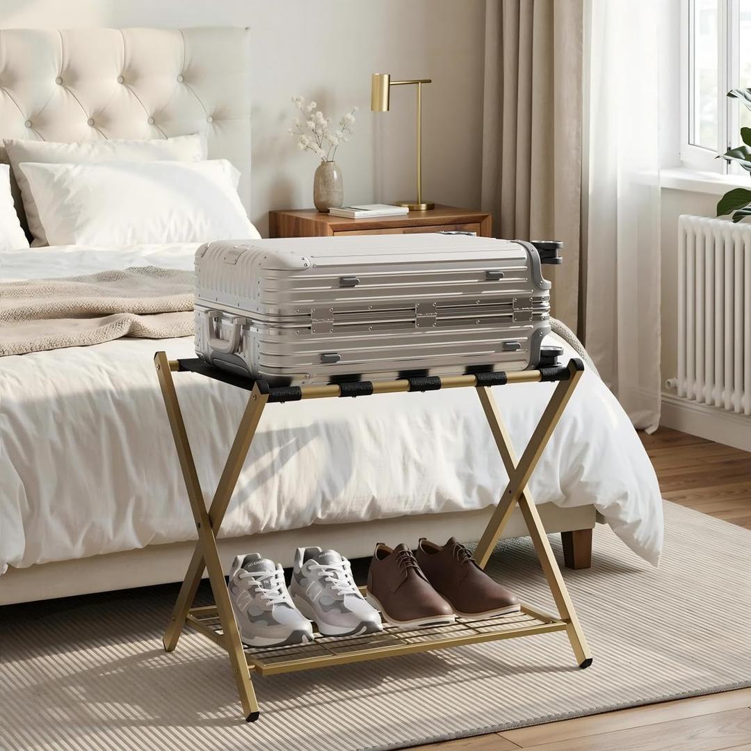 Smart FENDEE Steel Luggage Rack Fully Assembled, Folding Suitcase Stand with Shoe Shelf, Portable Luggage Holder for Guest Room, Bedroom, Hotel (Brass, 1 Pack)