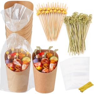 60pcs Individual Disposable Charcuterie Cups with Sticks,60 Portable Bags,200pcs Cocktail Skewers,14oz Brown Paper Appetizer Cups for French Fry, Party Supplies