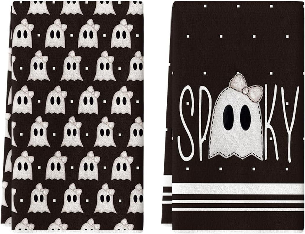 Artoid Mode Black Ghost Spooky Halloween Kitchen Towels Dish Towels, 18x26 Inch Bow Knot Decoration Hand Towels Set of 2 Artoid Mode Black Ghost Spooky Halloween Kitchen Towels Dish Towels, 18x26 Inch Bow Knot Decoration Hand Towels Set of 2