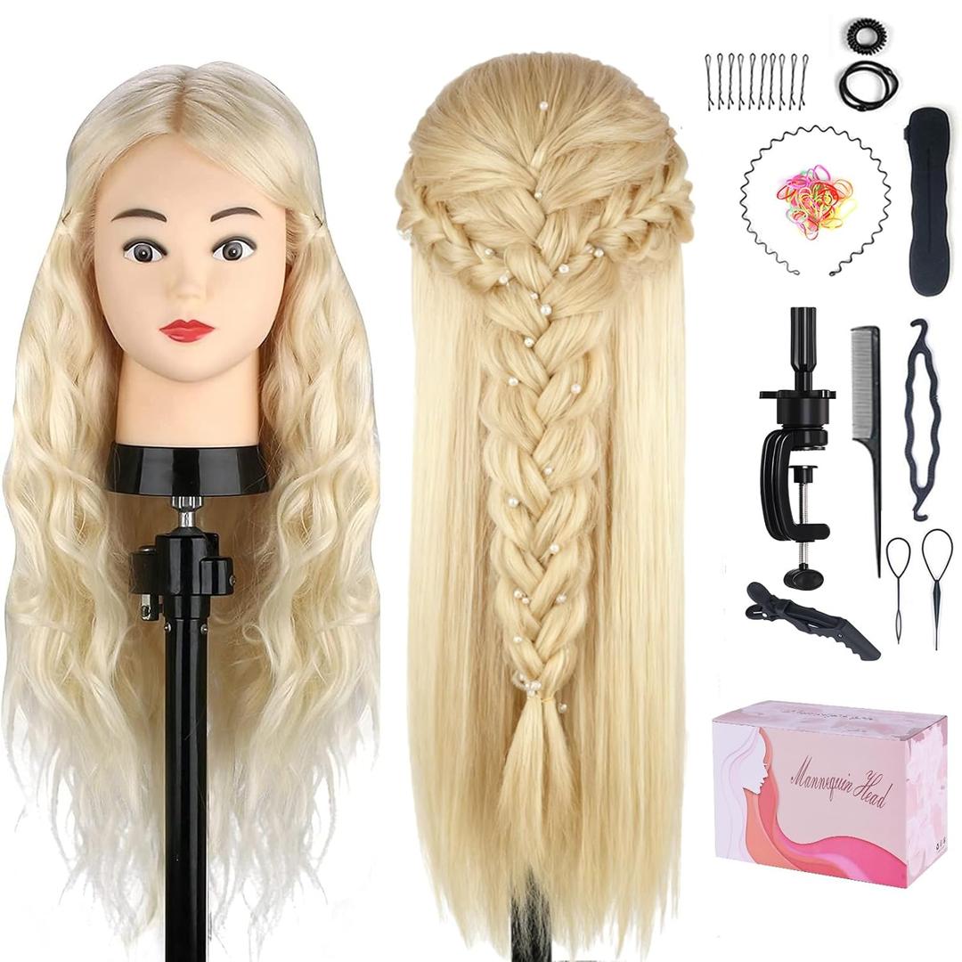 Beauty Star Mannequin Head with 80% Real Human Hair, Doll Head for Hair Styling, Cosmetology Training Manikin Practice Head with Clamp Stand and Braiding Kit (Suitable for Straightening, Curling) (25.5", White)