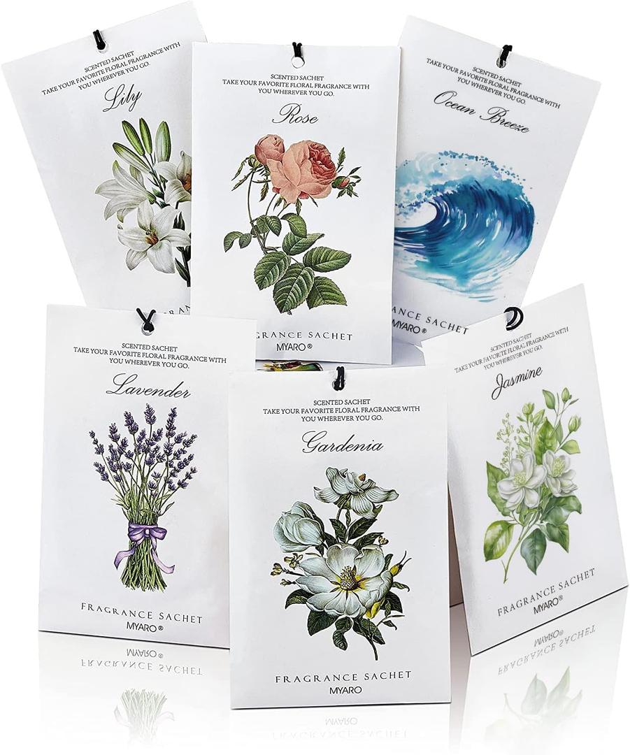 MYARO 12 Pack Assorted Floral Scented Sachets - Lavender, Rose, Jasmine, Ocean, Gardenia & Lily | Drawer, Closet & Car Air Freshener Bags | Multi-Scent Home Fragrance Gift Set