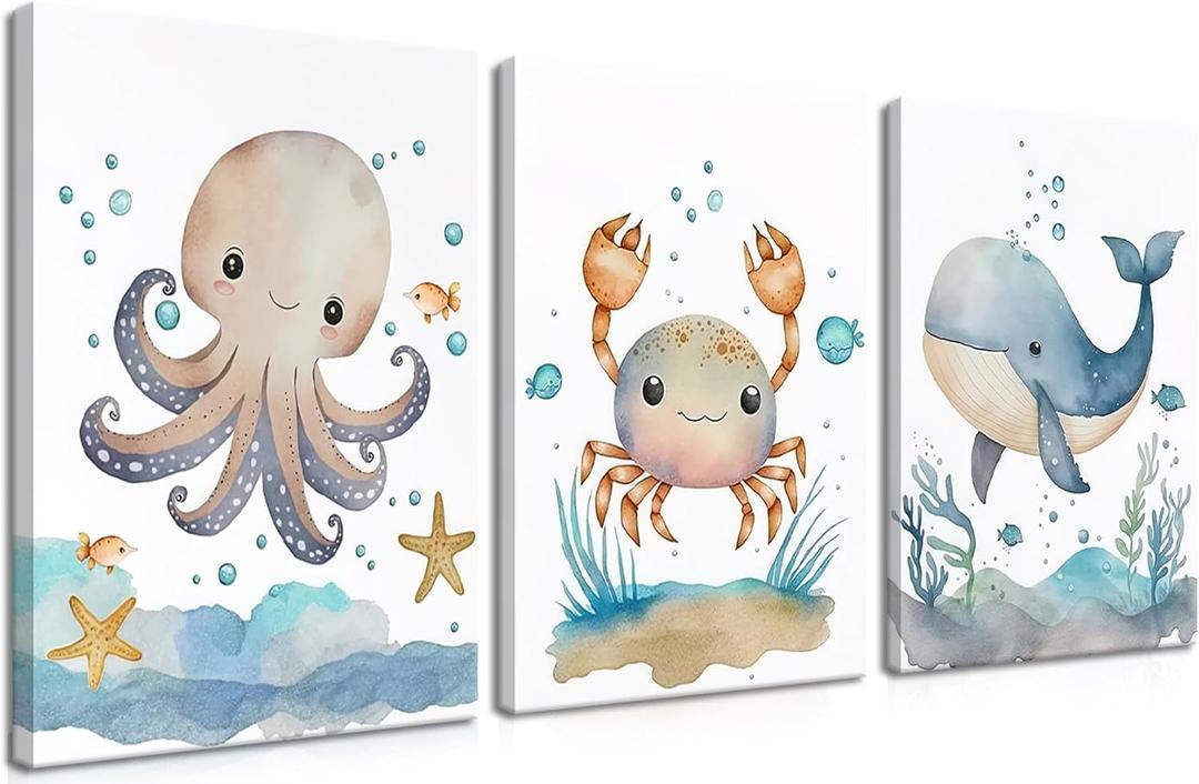 Ocean Nursery Wall Art Set of 3, Sea Animal Baby Boys Room Canvas Wall Decor Paintings, Watercolor Ocean Kids Nursery Posters Prints Pictures for Boys and Girls Room, Bedroom 12x16 Inch Framed