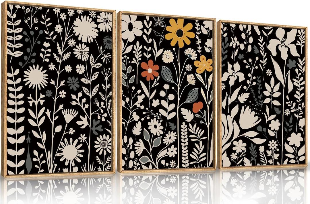HOURIA Large Moody Boho Floral Framed Canvas Wall Art Set,Mid Century Black Flower Leaf Wall Decor,Retro Dark Wildflower Artwork,Minimalist Botanical Art Print for Living Room,Bedroom,Office-16"x24"x3