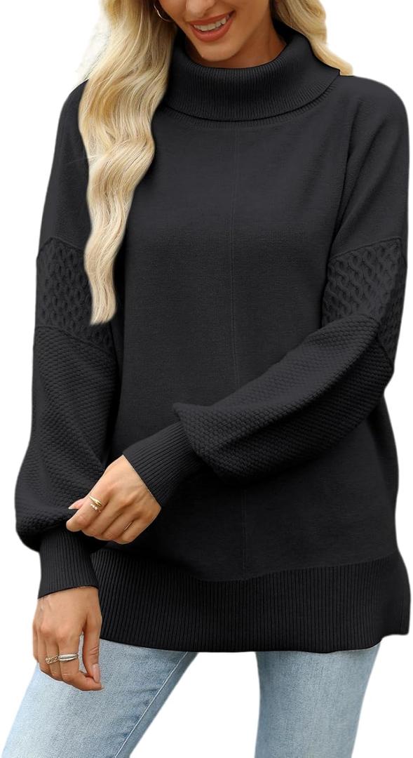 CiCiBird Women Oversized Turtleneck Sweater Fall Long Lantern Sleeve Knit Pullover 2025 Winter Fashion Jumper Top (Black, M)