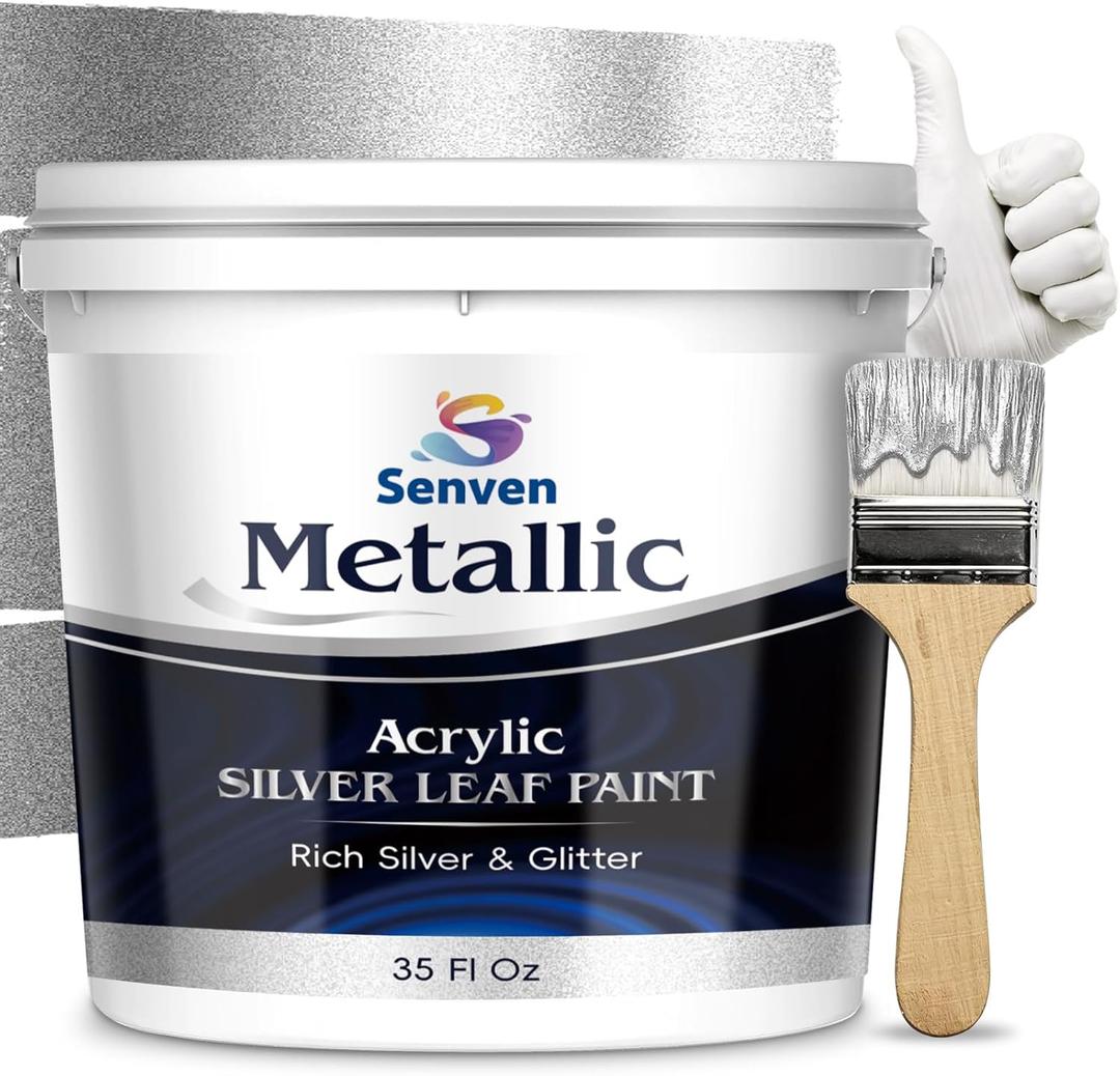 Silver Paint 35 Fl Oz Metallic Liquid Silver Leaf Paint Rich Silvers Paint for Metal, Wood, Canvas, Appliance, Furniture, Clay DIY, & Art Handcrafts Fast Dry Acrylic Metallic Finish Artwork Home Dcor