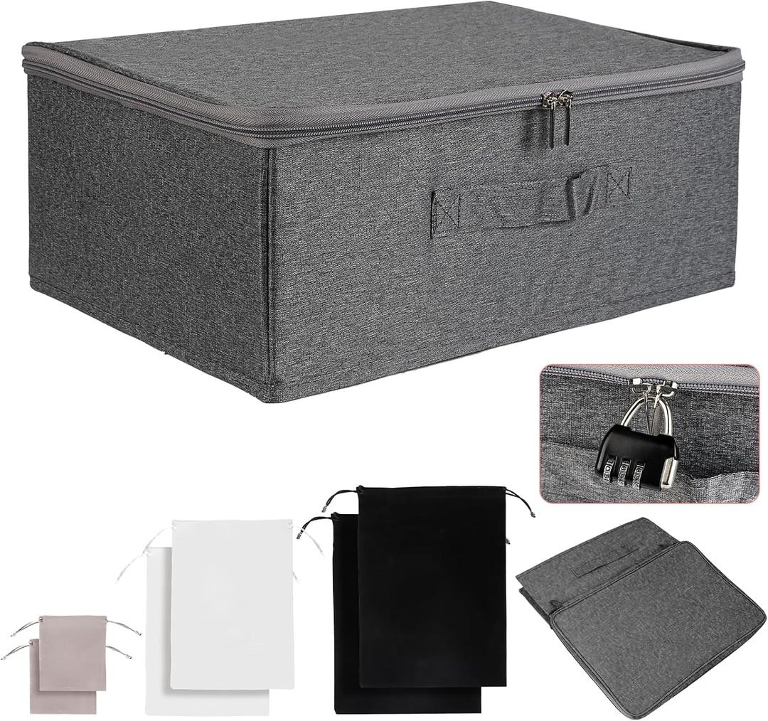 Discreet Lockable Storage Box with 3-Digit Code Lock - Reinforced Private Organizer for Personal Collections & Sensitive Valuables - Large 15x10x6 Case with 6 Silk Storage Bags (Dark Gray)