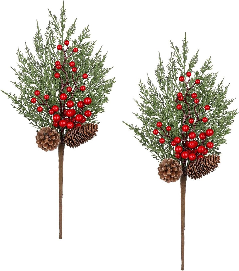 Oairse 2 Pcs Christmas Artificial Pine Branches 21.2 inch Cedar Pine Stems Christmas Greenery Picks with Red Berries Pinecones Picks Spray Xmas Tree Branches for Xmas Vase DIY Craft Holiday Decor
