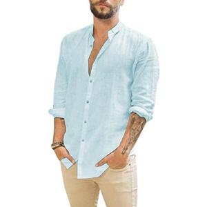 JEKAOYI Mens Casual Long Sleeve Cotton Linen Shirts Button Down Solid Plain Roll-Up Sleeve Summer Beach Shirts, M