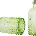 MyGift Vintage Embossed Green Glass Small Reed Diffuser Bottle with Cork Lid, Decorative Flower Bud Vase, Set of 2