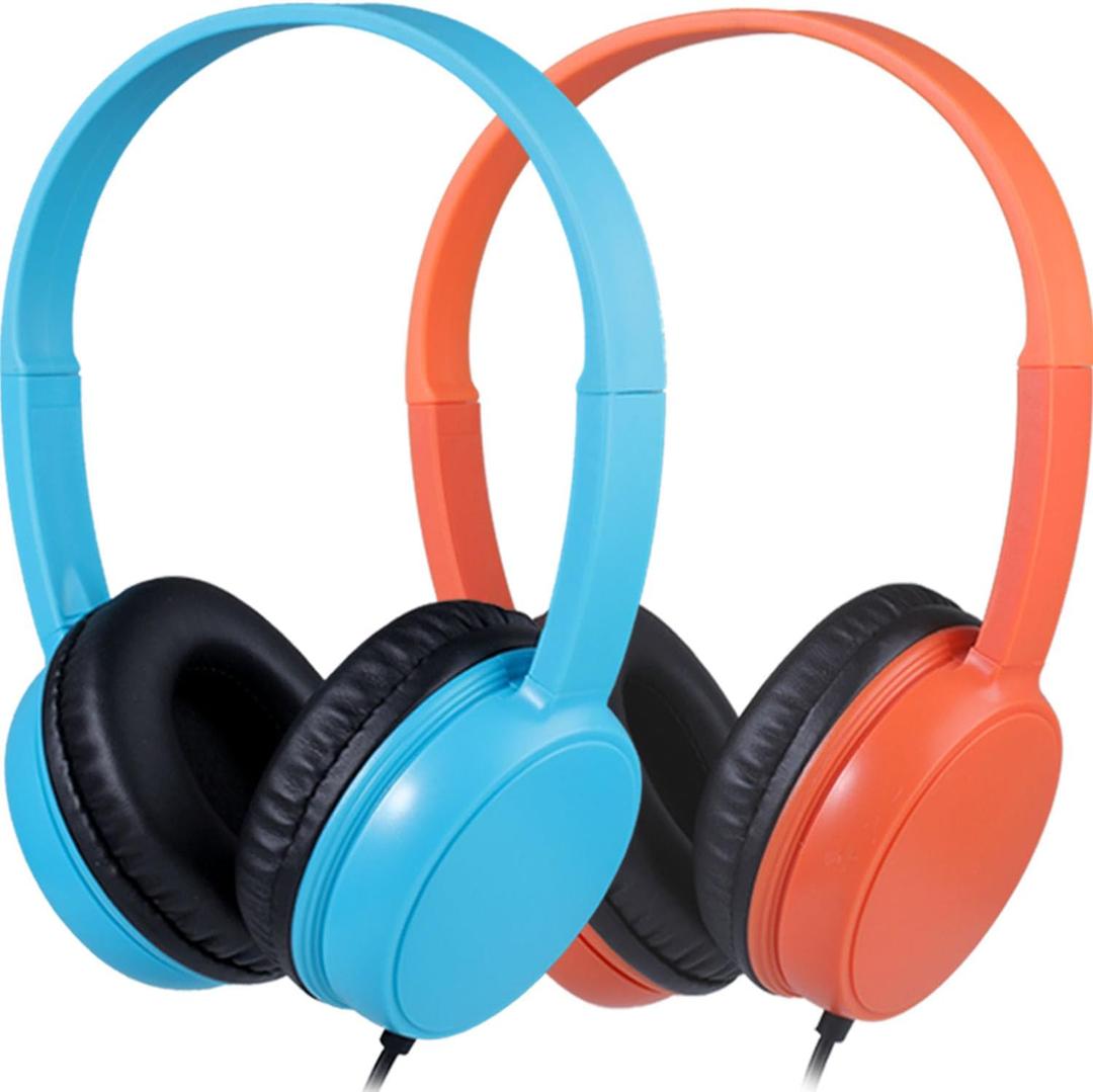 Wired Headphones Bulk 2 Pack for Classroom School, 3.5mm Pulg, Lightweight, Sturdy Headsets for Kids Students and Adults (Orange & Light Blue) (Mixed Colors)