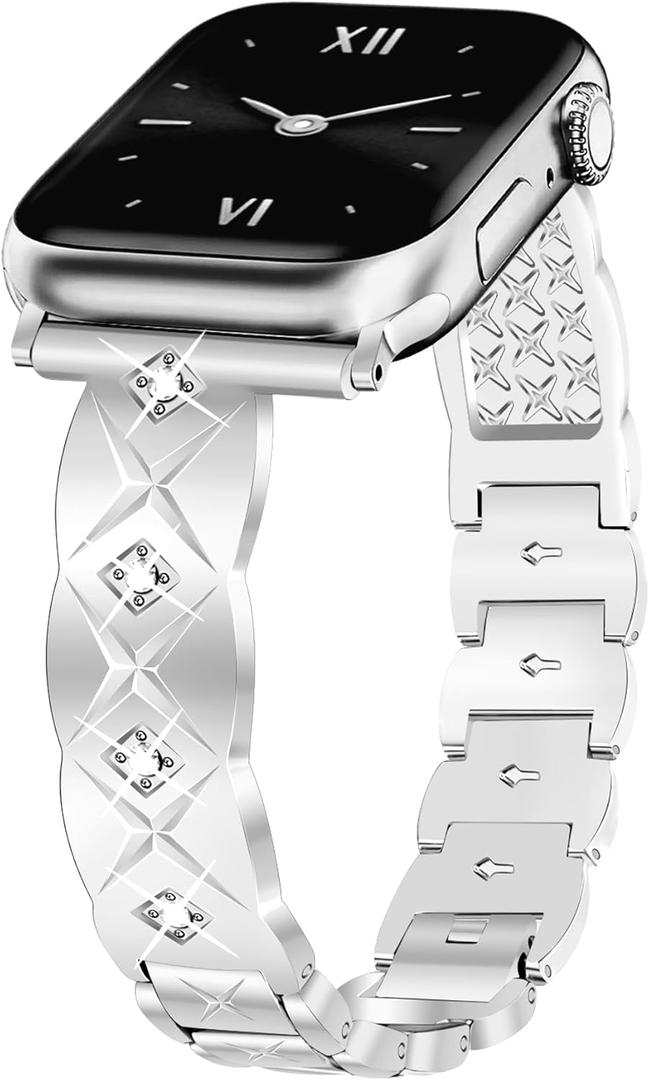 JR.DM Silver Watch Band Women Compatible with Apple Watch 38mm 40mm 41mm 42m 44mm 45mm 46mm 49mm Elegant Bling Diamond Metal Jewelry Adjustable Strap for iWatch Series 11/10/9/8/SE/7/6/5/4/3/2/1 SE