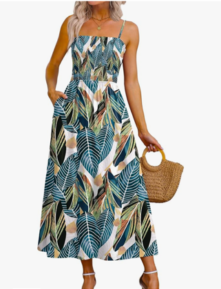OFEEFAN Womens Spaghetti Strap Maxi Dresses Smocked with Pockets 2026 Summer Spring Casual Boho Beach Long Sundresses,M