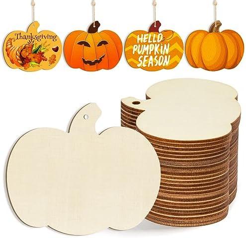 Wooden Pumpkins Ornaments to Paint Halloween Thanksgiving Decoration Cutouts Unfinished 24PCS 3.5 x 3 inches, DIY Blank Unfinished Pumpkin Wood Discs Ornament for Home Harvest Crafts Hanging Autumn De