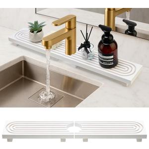 Sink Faucet Mat Large Wood Kitchen Sink Protector Mats Bathroom Counter Tray Wooden Risers Pedestal Stand White Kitchen Sink Accessories Drip Catcher Tray Around Behind Faucet Water Splash Guard Mat (23.6" x 4")