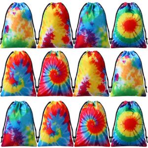 24 Pcs Tie Dye Party Favor Bags Drawstring Birthday Gift Bag Candy Goodie Treat Bag Colorful Snacks Bag, Polyester Wrap Bags for Retro Tye dye Beach Party Decor School Supplies (9.8 x 7.1 Inch)