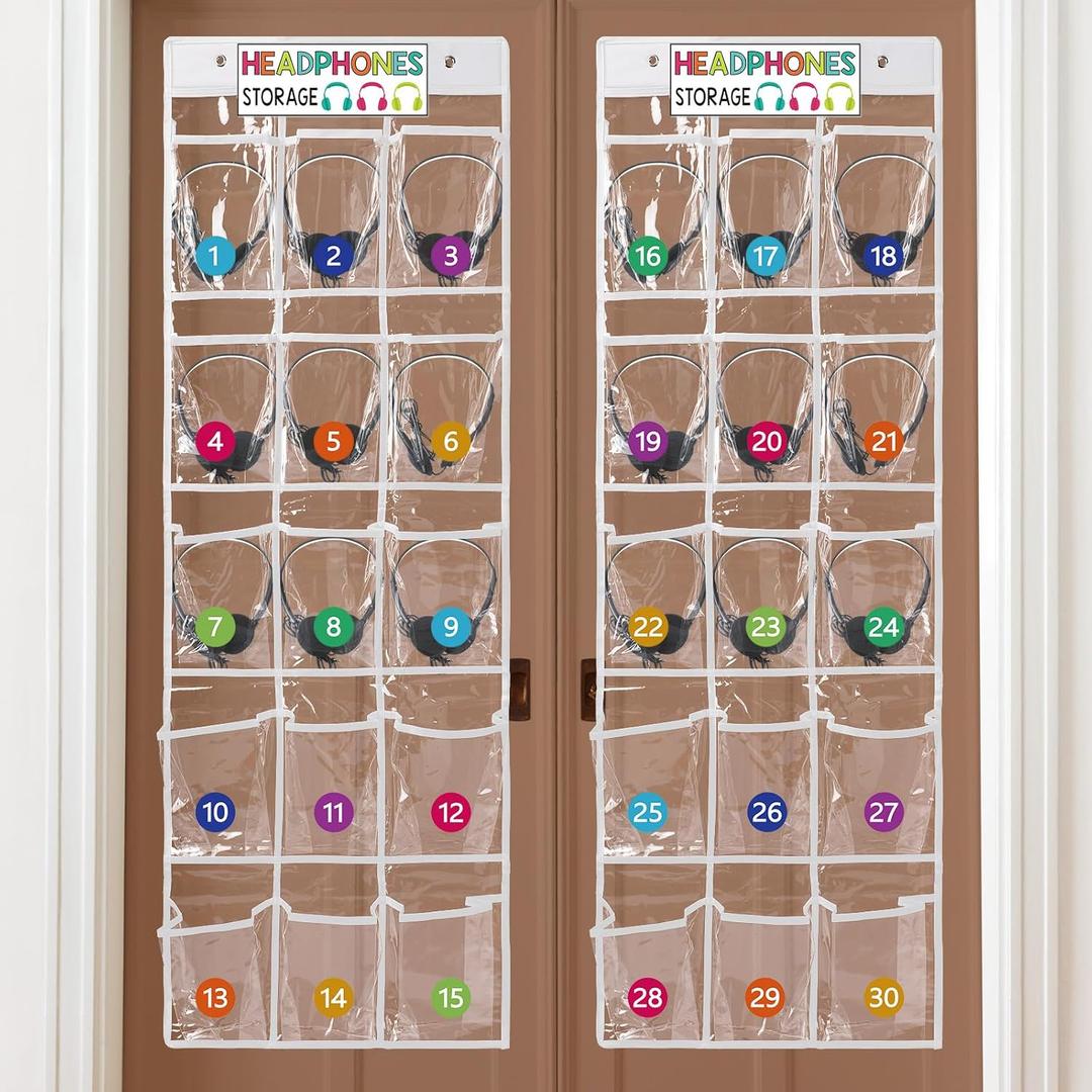 2 Pcs Over The Door Hanging Classroom Headphone Storage Organizer 30 PVC Clear Organizer Holder Pockets with 2 Pcs Headphone Storage Cards with Digital Stickers for Library Door Hanger