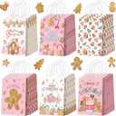 Kolldenn 48 Pcs Pink Christmas Gingerbread Party Favors Bags Christmas Goodie Gift Paper Bags with Handles Xmas Tree Gingerbread Coffee Candy Treat Bag for Xmas Party Decorations Holiday Supplies