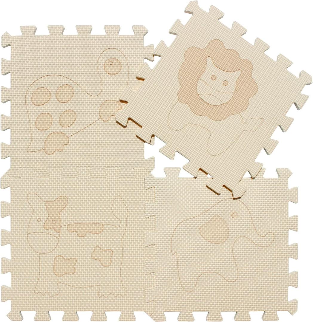 Qqpp EVA 18 Tiles Baby Play Mat for Playing, Interlocking Foam Floor Mats for Tummy Time & Crawling, Puzzle Flooring Tiles with Animals Laser Pattern for Kids. Beige. QL-11(J) b18N