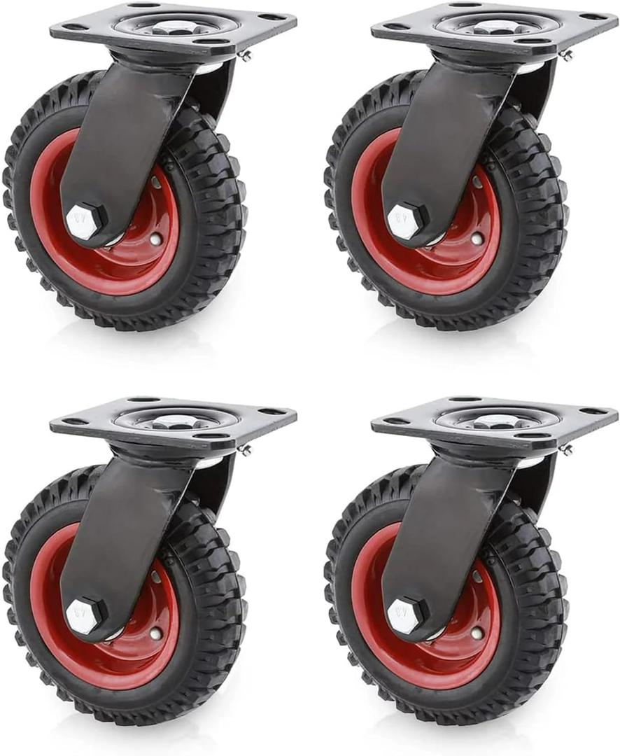 POWERTEC 8 Inch Caster Wheels Set of 4, Heavy Duty Swivel Plate Casters with Rubber Knobby Tread for Workbench, Dolly, Cart, Trolley, Wagon and Chicken Coop, Large Rubber Castor Wheels (17051-P4)