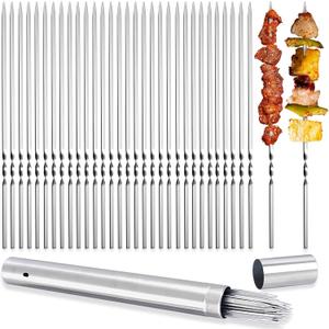 Metal Skewers for Grilling, 50 Pack 14.8" Kabob Skewers, Flat BBQ Barbecue Skewer, Reusable Grilling Skewers Set with Portable Storage Tube for Commercial and Home Use