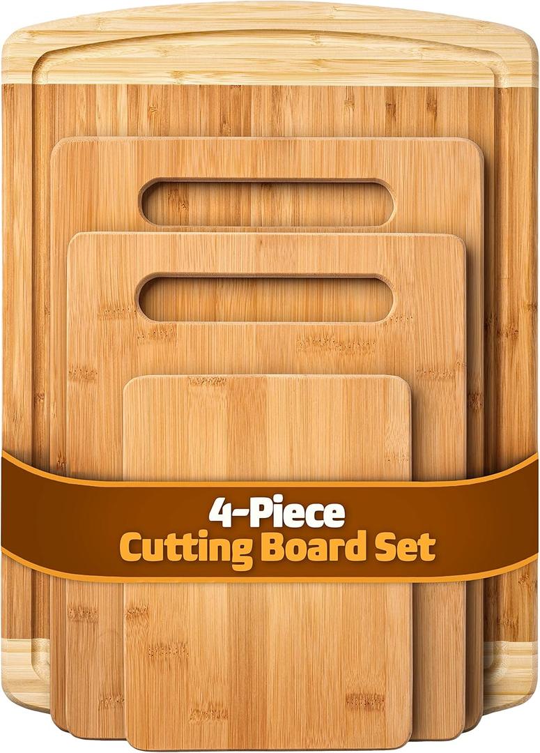 Bamboo Cutting Board Set - Wood Boards for Kitchen, Chopping With Juice Groove for Meat, Cheese and Vegetables - Large Butcher Block, Cheese & Charcuterie (Set Of 4)