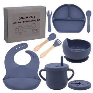 100% Silicone Baby Feeding Set, BPA Free Baby Dishes with Suction Bowl, Divided Plate, Toddler Self Feeding Dish Set with Spoons, Forks, Sippy Cup and Bib, Baby Eating Utensils (Navy Blue)