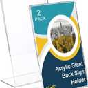 Sanwuta 2 Pcs 4 x 6 Inch Acrylic Sign Holder, Slant Sign Display Stand, Transparent Flyer Holder Frame Plastic Document Display for Workers Teachers Office Home Menu Desktop