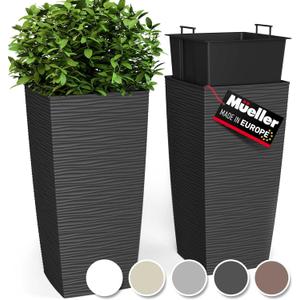 Mueller M-Resin Heavy Duty Tall Planters for Outdoor Plants, Indoor Grande Plant Pots, Boxes, Trees, Flower Pots, 2-Piece Set, 27.5, Modern Design, Built-in Drainage, Front Porch Decor, Dark Grey