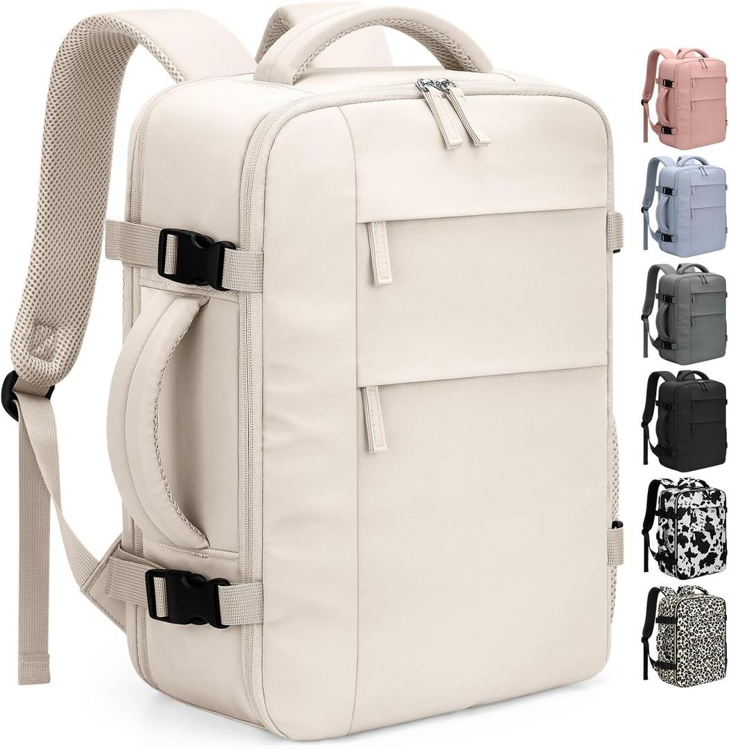 Pritent Travel Backpack for Women Man, Waterproof Personal Item Travel Bag Airline Approved Laptop Backpack Bookbag Weekender bags for Business,Travel, Work Fits 15.6 inch Laptop (Medium,Beige)