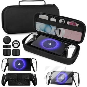 4 in 1 Accessoris Set Compatible with Playstation Portal, EVA Hard Carrying Case for PS5 Portal, Silicone Protective Cover,2 Pcs Screen Protector,10 Thumb Grip Caps,Ps Portal Accessories Black