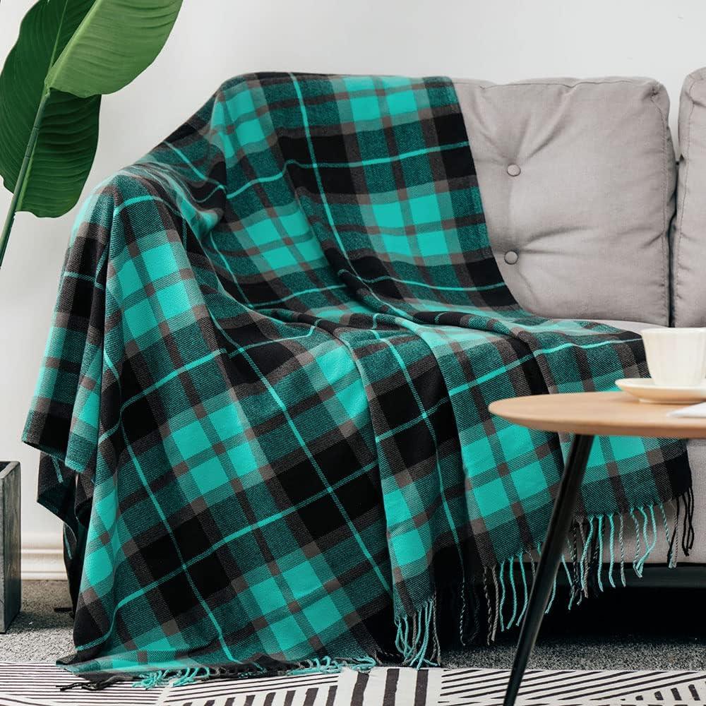 LALIFIT Soft Fluffy Green Red Plaid Fringe Blanket, Lightweight Throw with Tassels for Home Decor, 50" x 60"