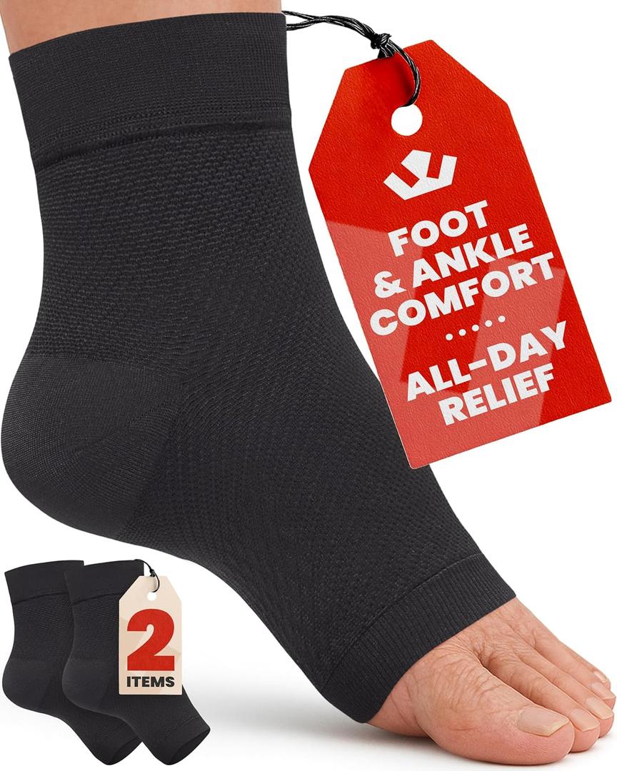 KEMFORD Ankle Compression Sleeve - 1-Pair, Plantar Fasciitis Braces - Open Toe Compression Socks for Swelling, Sprain, Neuropathy, Foot Arch Support for Men and Women - 20-30mmhg, S, Black