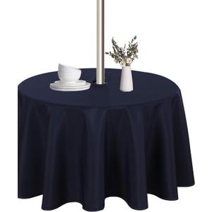 LUSHVIDA Round Outdoor Tablecloth with Umbrella Hole and Zipper, 60 Inch Navy, Washable Waterproof Table Cloth Spill Proof Wrinkle Free Table Cover for Patio Spring Summer Picnic BBQS