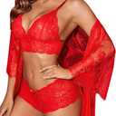 Avidlove Women Sexy Lingerie Set 3 Piece Bra and Panty Sets with Lace Kimono Robe Sleepwear Mesh Nightgown (Small, Red)