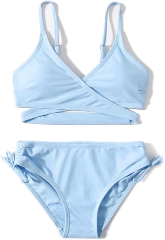MIENOE Teen Girls' Swimsuits Two-Piece V-Neck Bikini Adjustable Shoulder Straps Swimsuit Kids Bikini with Chest Pad, 12-14Y