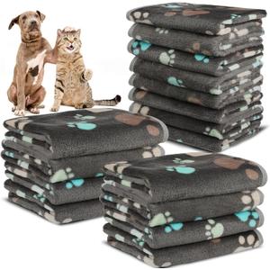 12 Pcs Small Dog Blanket Fleece Puppy Blankets Washable Pet Blankets for Cats Soft Flannel Paw Printed Throw for Guinea Pig Indoor Kittens Doggie (23 X 16 Inch,Dark Gray)