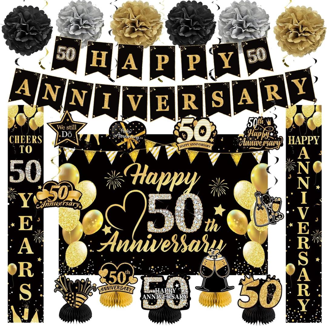 Happy 50th Wedding Anniversary Decorations Kit, Black Gold Happy 50th Anniversary Party Supplies Door Banner Decorations, Backdrop, Table Centerpieces, Hanging Swirl, Paper Pompoms